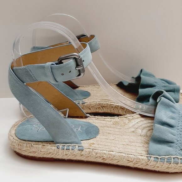 SPLENDID Becca Ruffled Blue Suede Rope Espadrille Ankle Strap Sandals 7.5 Flawed - Picture 4 of 15
